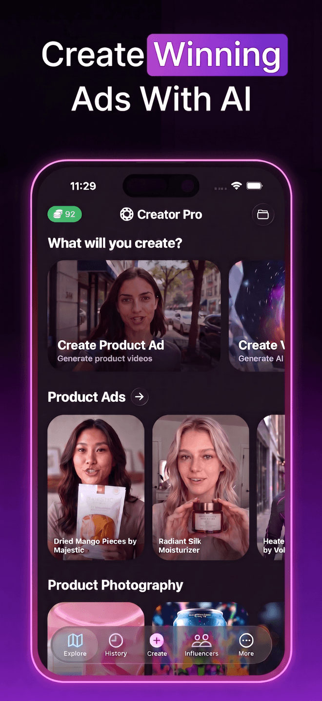 Creator Pro creating a product ad with AI