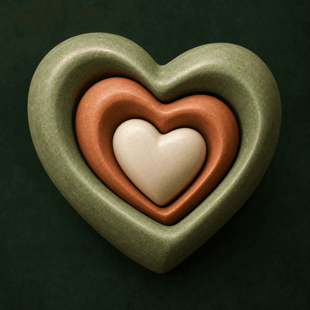 Three nested ceramic hearts in sage, terracotta, and cream — the Gentle Grief app icon