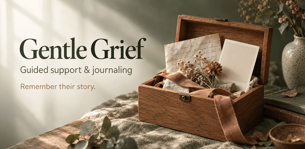 Gentle Grief remembrance box with letters, a photo, and dried flowers
